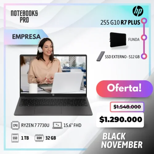 HP 255 G10 R7 PLUS - RYZEN 7 7730U - SSD 1 TB - 32 GB RAM - 15.6" FHD + Funda y SSD externo de Regalo BN
