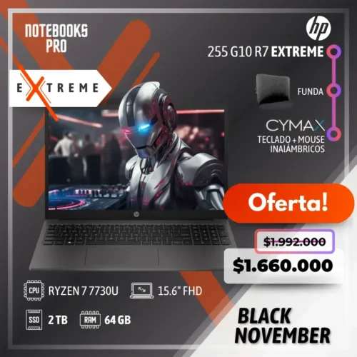 HP 255 G10 R7 EXTREME - RYZEN 7 7730U - SSD 2 TB - 64 GB RAM - 15.6" FHD + Funda y kit Cymax de Regalo BN