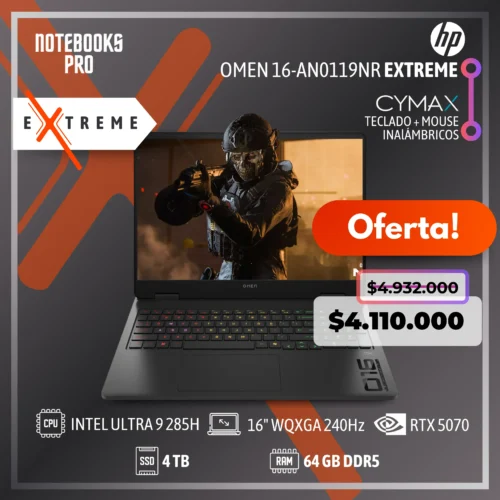 HP OMEN 16-AN0119NR EXTREME - ULTRA 9 285H - SSD 4 TB - 64 GB RAM DDR5 - RTX 5070 - 16" WQXGA 240Hz - Teclado Retroiluminado - 16 Núcleos + KIT TECLADO + MOUSE WIRELESS CYMAX
