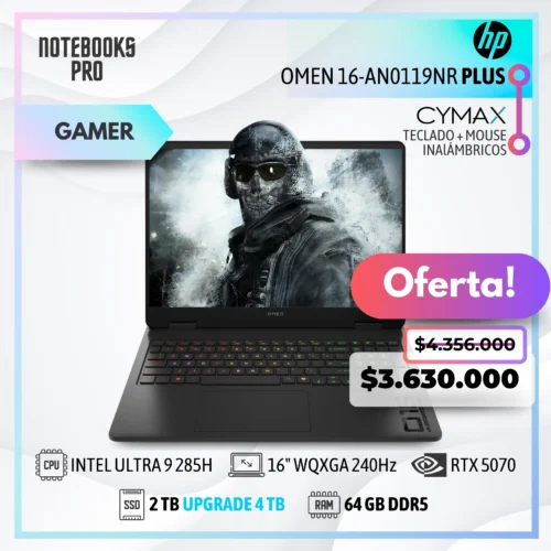HP OMEN 16-AN0119NR PLUS - ULTRA 9 285H - SSD 2 TB - 64 GB RAM DDR5 - RTX 5070- 16" WQXGA 240Hz - Teclado Retroiluminado - 16 Núcleos