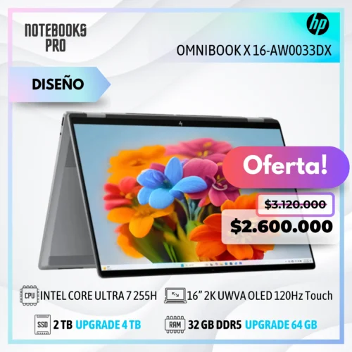HP OmniBook X 16-AW0033DX - Intel Core Ultra 7 255H - SSD 2 TB - 32 GB RAM DDR5 - RTX 4050 - 16” 2K UWVA OLED 120Hz Touch