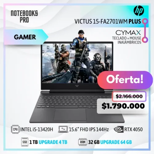 HP VICTUS 15-FA2701WM PLUS - i5-13420H - 1 TB - 32 GB RAM - 15.6” FHD IPS LED 144Hz - RTX 4050 + KIT TECLADO + MOUSE WIRELESS CYMAX
