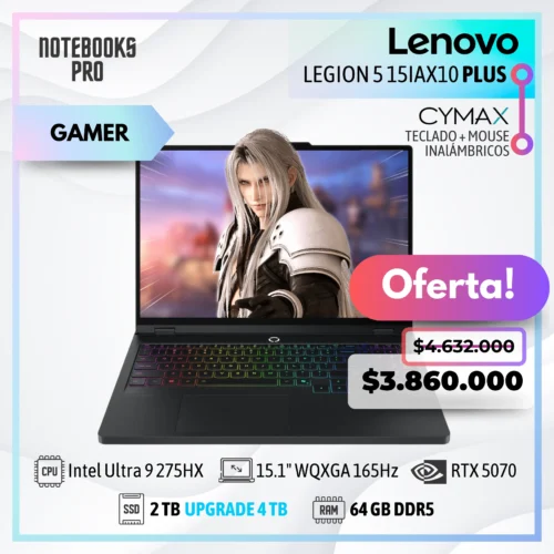 LENOVO LEGION 5 15IAX10 PLUS - Intel Core Ultra 9 275HX - SSD 2 TB - 64 GB RAM DDR5 - RTX 5070 - 15.1" WQXGA OLED 165Hz + KIT TECLADO + MOUSE WIRELESS CYMAX
