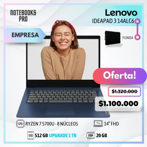 LENOVO IDEAPAD 3 14ALC6 - RYZEN 7 5700U - SSD 512 GB - 20 GB RAM - 14" FHD - 8 Núcleos - Teclado retroiluminado - Lector de huella