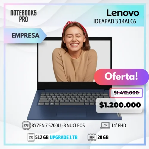 LENOVO IDEAPAD 3 14ALC6 - RYZEN 7 5700U - SSD 512 GB - 20 GB RAM - 14" FHD - 8 Núcleos - Teclado retroiluminado - Lector de huella