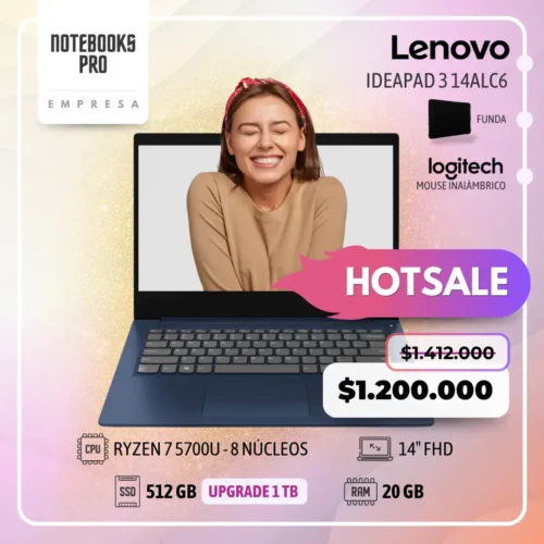 LENOVO IDEAPAD 3 14ALC6 - RYZEN 7 5700U - SSD 512 GB - 20 GB RAM - 14" FHD - 8 Núcleos - Teclado retroiluminado - Lector de huella