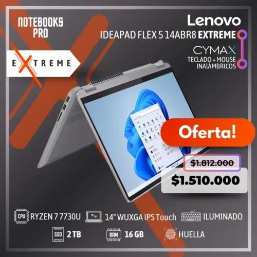 LENOVO IDEAPAD FLEX 5 14ABR8 EXTREME - RYZEN 7 7730U - SSD 2 TB - 16 GB RAM - 14" WUXGA IPS Touch 360° - Teclado retroiluminado