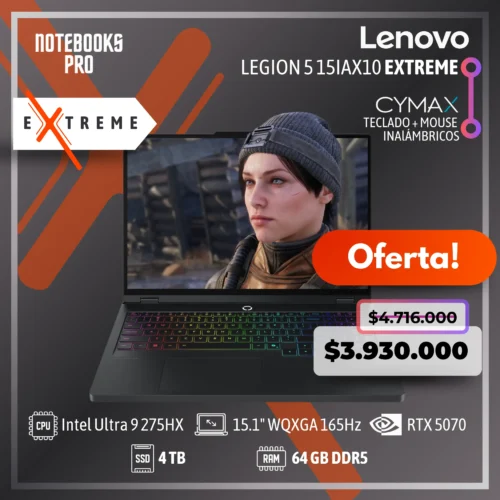 LENOVO LEGION 5 15IAX10 EXTREME - Intel Core Ultra 9 275HX - SSD 4 TB - 64 GB RAM DDR5 - RTX 5070 - 15.1" WQXGA OLED 165Hz