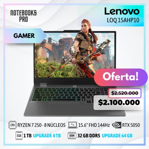 LENOVO LOQ 15AHP10 - RYZEN 7 250 - SSD 1 TB - 32 GB RAM DDR5 - RTX 5050 - 15.6" FHD IPS 144Hz
