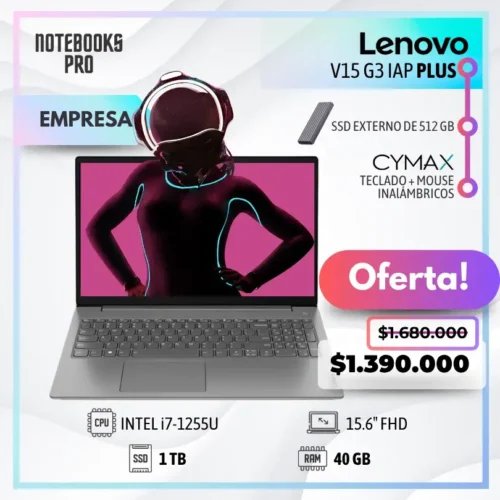 LENOVO V15 G3 IAP PLUS - i7-1255U - SSD 1 TB - 40 GB RAM - 15.6" FHD + KIT TECLADO + MOUSE WIRELESS CYMAX + SSD EXTERNO 512 GB