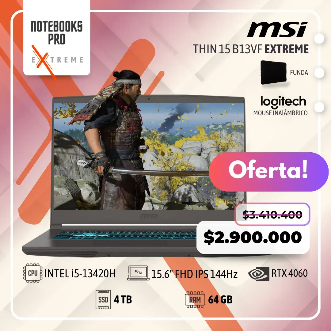 MSI THIN 15 B13VF EXTREME - i5-13420H - SSD 4 TB - 64 GB RAM - RTX 4060 - 15.6" FHD IPS 144Hz - Teclado Retroiluminado