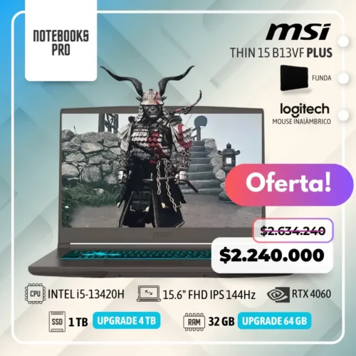 MSI THIN 15 B13VF PLUS - i5-13420H - SSD 1TB - 32 GB RAM - RTX 4060 - 15.6" FHD IPS 144Hz - Teclado Retroiluminado - 8 Núcleos