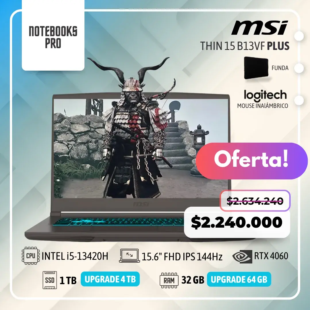 MSI THIN 15 B13VF PLUS - i5-13420H - SSD 1TB - 32 GB RAM - RTX 4060 - 15.6" FHD IPS 144Hz - Teclado Retroiluminado - 8 Núcleos