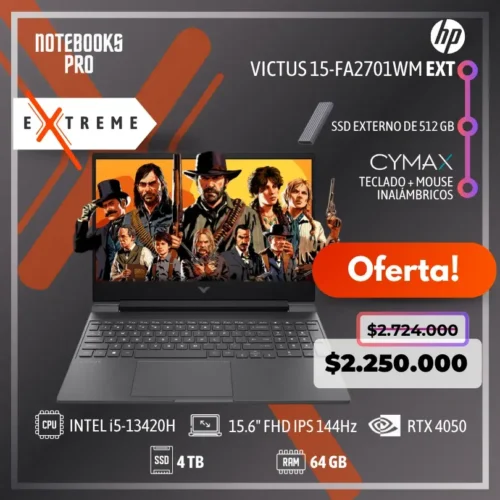 HP VICTUS 15-FA2701WM EXTREME - i5-13420H - 4 TB - 64 GB RAM - 15.6” FHD IPS LED 144Hz - RTX 4050 - KIT TECLADO + MOUSE WIRELESS CYMAX - SSD EXTERNO 512 GB