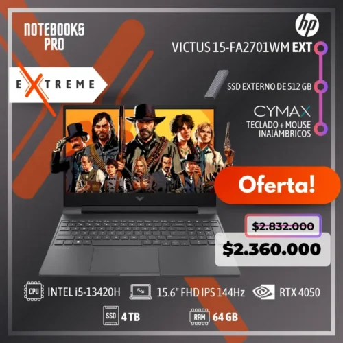 HP VICTUS 15-FA2701WM EXTREME - i5-13420H - 4 TB - 64 GB RAM - 15.6” FHD IPS LED 144Hz - RTX 4050 - KIT TECLADO + MOUSE WIRELESS CYMAX - SSD EXTERNO 512 GB