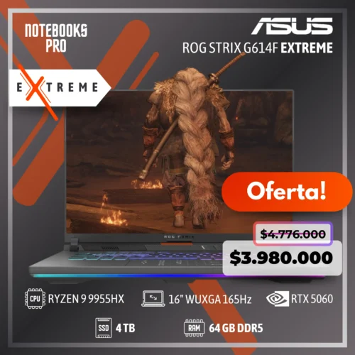 ASUS ROG STRIX G614F EXTREME - RYZEN 9 9955HX - SSD 4 TB - 64 GB RAM DDR5 - 16" WUXGA 165Hz - RTX 5060 - Teclado retroiluminado - 16 Núcleos