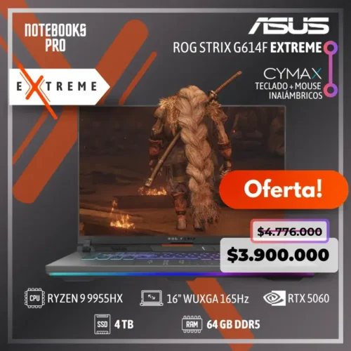 ASUS ROG STRIX G614F EXTREME - RYZEN 9 9955HX - SSD 4 TB - 64 GB RAM DDR5 - 16" WUXGA 165Hz - RTX 5060 - Teclado retroiluminado - 16 Núcleos + KIT TECLADO + MOUSE WIRELESS CYMAX