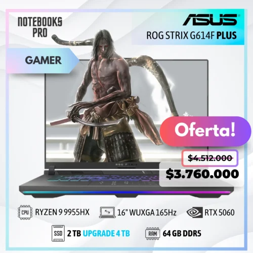 ASUS ROG STRIX G614F PLUS - RYZEN 9 9955HX - SSD 2TB - 64 GB RAM DDR5 - 16" WUXGA 165Hz - RTX 5060 - Teclado retroiluminado - 16 Núcleos
