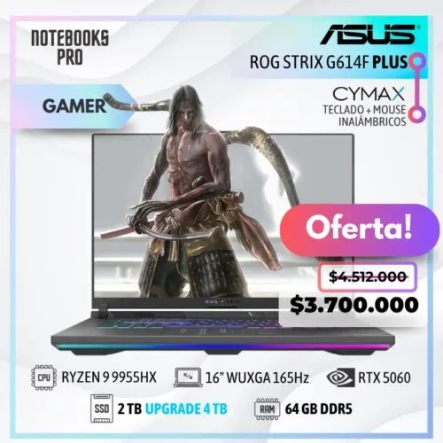 ASUS ROG STRIX G614F PLUS - RYZEN 9 9955HX - SSD 2TB - 64 GB RAM DDR5 - 16" WUXGA 165Hz - RTX 5060 - Teclado retroiluminado - 16 Núcleos + KIT TECLADO + MOUSE WIRELESS CYMAX