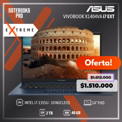 ASUS VIVOBOOK X1404VA EXTREME - i7-1355U - SSD 2 TB - 40 GB RAM - 14" FHD - 10 Núcleos