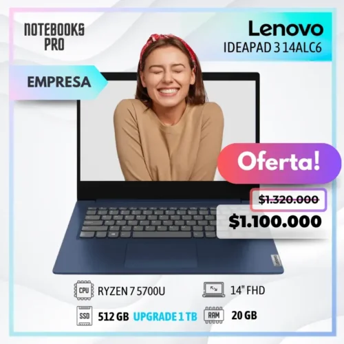 LENOVO IDEAPAD 3 14ALC6 - RYZEN 7 5700U - SSD 512 GB - 20 GB RAM - 14" FHD - 8 Núcleos - Teclado retroiluminado - Lector de huella