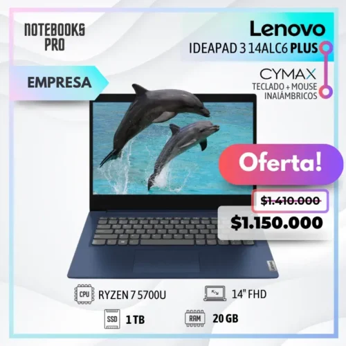 LENOVO IDEAPAD 3 14ALC6 PLUS - RYZEN 7 5700U - SSD 1 TB - 20 GB RAM - 14" FHD - 8 Núcleos - Teclado retroiluminado - Lector de huella + KIT TECLADO + MOUSE WIRELESS CYMAX