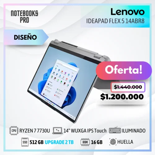 LENOVO IDEAPAD FLEX 5 14ABR8 - RYZEN 7 7730U - SSD 512 GB - 16 GB RAM - 14" WUXGA IPS Touch 360° - Teclado retroiluminado