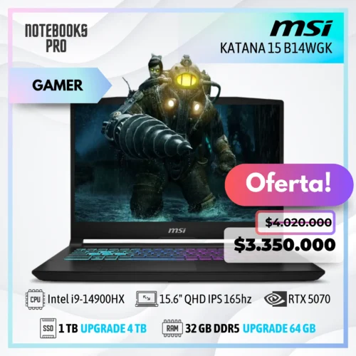 MSI KATANA 15 B14WGK - i9-14900HX - SSD 1TB - 32 GB RAM DDR5 - RTX 5070 - 15.6" QHD IPS 165hz - 24 núcleos - Teclado retroiluminado