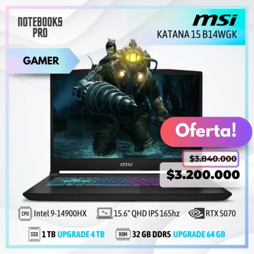 MSI KATANA 15 B14WGK - i9-14900HX - SSD 1TB - 32 GB RAM DDR5 - RTX 5070 - 15.6" QHD IPS 165hz - 24 núcleos - Teclado retroiluminado