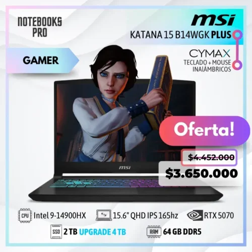 MSI KATANA 15 B14WGK PLUS - i9-14900HX - SSD 2 TB - 64 GB RAM DDR5 - RTX 5070 - 15.6" QHD IPS 165hz - 24 núcleos - Teclado retroiluminado + KIT TECLADO + MOUSE WIRELESS CYMAX