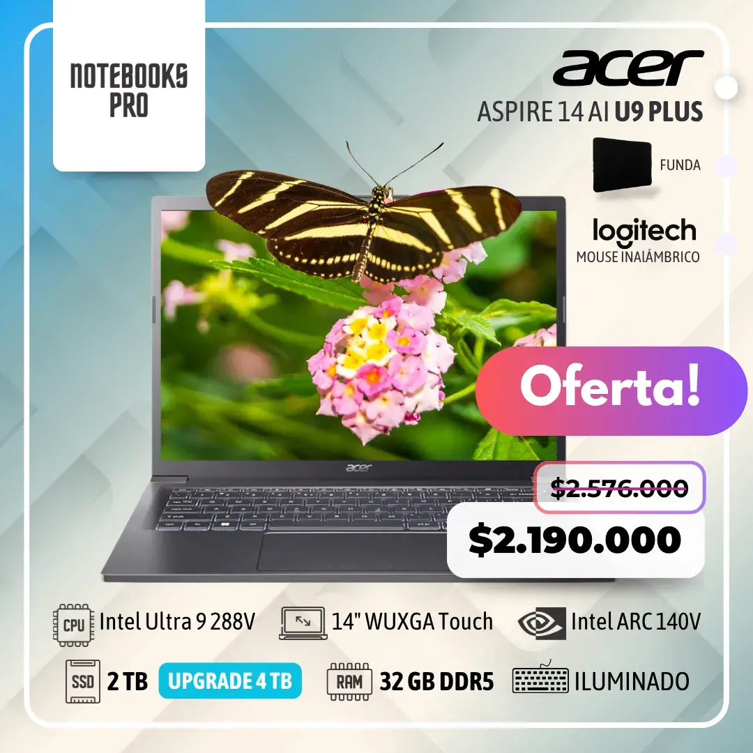 ACER ASPIRE 14 AI PLUS - Intel Core Ultra 9 288V - SSD 2 TB - 32 GB RAM DDR5 - Intel ARC 140V - 14" WUXGA IPS Touch