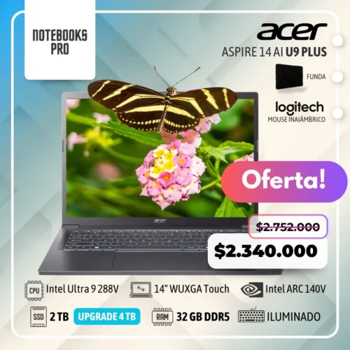 ACER ASPIRE 14 AI PLUS - Intel Core Ultra 9 288V - SSD 2 TB - 32 GB RAM DDR5 - Intel ARC 140V - 14" WUXGA IPS Touch