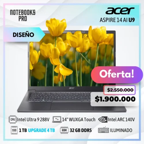 ACER ASPIRE 14 AI - Intel Core Ultra 9 288V - SSD 1 TB - 32 GB RAM DDR5 - Intel ARC 140V - 14" WUXGA IPS Touch