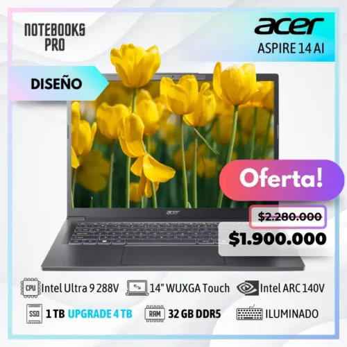 ACER ASPIRE 14 AI - Intel Core Ultra 9 288V - SSD 1 TB - 32 GB RAM DDR5 - Intel ARC 140V - 14" WUXGA IPS Touch