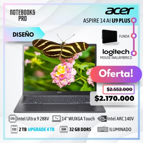 ACER ASPIRE 14 AI PLUS - Intel Core Ultra 9 288V - SSD 2 TB - 32 GB RAM DDR5 - Intel ARC 140V - 14" WUXGA IPS Touch