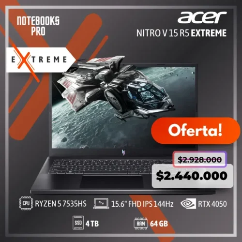 ACER NITRO V 15 R5 EXTREME - RYZEN 5 7535HS - SSD 4 TB - 64 GB RAM DDR5 - RTX 4050 - 15.6" FHD IPS 144Hz