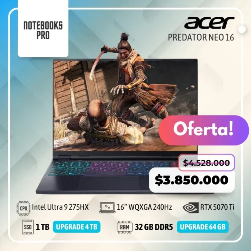 ACER PREDATOR NEO 16 - Intel Core Ultra 9 275HX - SSD 1 TB - 32 GB RAM DDR5 - 16” WQXGA 240Hz - RTX 5070 TI - Teclado Retroiluminado - 24 Núcleos
