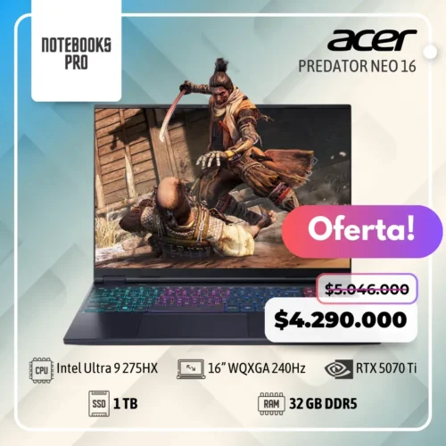 ACER PREDATOR NEO 16 - Intel Core Ultra 9 275HX - SSD 1 TB - 32 GB RAM DDR5 - 16” WQXGA 240Hz - RTX 5070 TI - Teclado Retroiluminado - 24 Núcleos