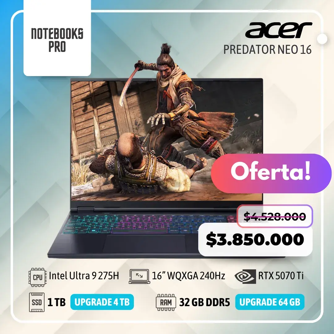 ACER PREDATOR NEO 16 - Intel Core Ultra 9 275H - SSD 1 TB - 32 GB RAM DDR5 - 16” WQXGA 240Hz - RTX 5070 TI - Teclado Retroiluminado - 24 Núcleos