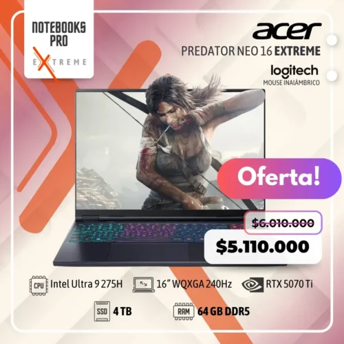 ACER PREDATOR NEO 16 EXTREME - Intel Core Ultra 9 275H - SSD 4 TB - 64 GB RAM DDR5 - 16” WQXGA 240Hz - RTX 5070 TI - Teclado Retroiluminado - 24 Núcleos