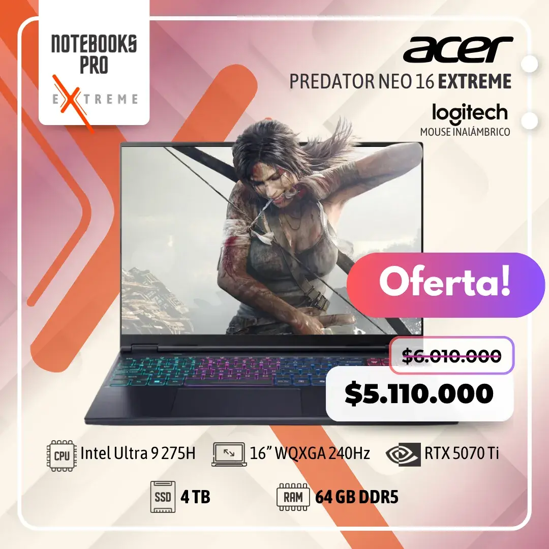 ACER PREDATOR NEO 16 EXTREME - Intel Core Ultra 9 275H - SSD 4 TB - 64 GB RAM DDR5 - 16” WQXGA 240Hz - RTX 5070 TI - Teclado Retroiluminado - 24 Núcleos