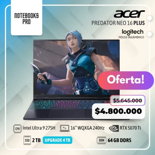 ACER PREDATOR NEO 16 PLUS - Intel Core Ultra 9 275H - SSD 2 TB - 64 GB RAM DDR5 - 16” WQXGA 240Hz - RTX 5070 TI - Teclado Retroiluminado - 24 Núcleos