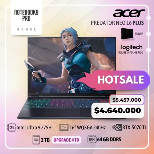 ACER PREDATOR NEO 16S PLUS - Intel Core Ultra 9 275H - SSD 2 TB - 64 GB RAM DDR5 - 16” WQXGA 240Hz - RTX 5070 TI - Teclado Retroiluminado - 24 Núcleos