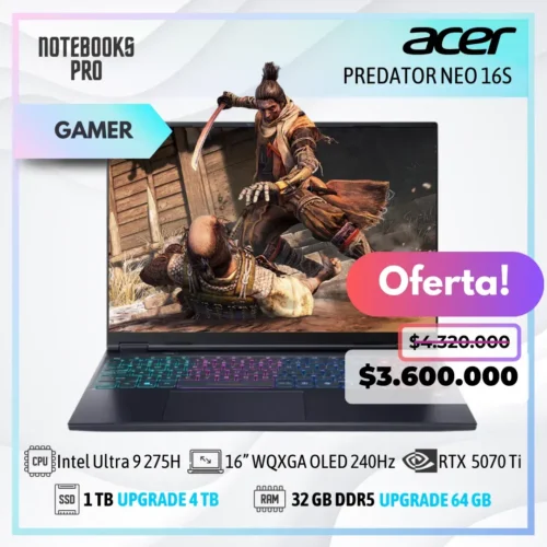 ACER PREDATOR NEO 16S - Intel Core Ultra 9 275H - SSD 1 TB - 32 GB RAM DDR5 - 16” WQXGA OLED 240Hz - RTX 5070 TI - Teclado Retroiluminado - 24 Núcleos