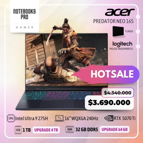 ACER PREDATOR NEO 16S - Intel Core Ultra 9 275H - SSD 1 TB - 32 GB RAM DDR5 - 16” WQXGA 240Hz - RTX 5070 TI - Teclado Retroiluminado - 24 Núcleos