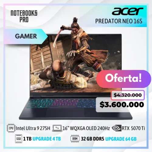ACER PREDATOR NEO 16S - Intel Core Ultra 9 275H - SSD 1 TB - 32 GB RAM DDR5 - 16” WQXGA OLED 240Hz - RTX 5070 TI - Teclado Retroiluminado - 24 Núcleos