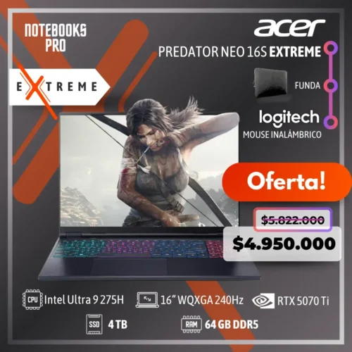 ACER PREDATOR NEO 16S EXTREME - Intel Core Ultra 9 275H - SSD 4 TB - 64 GB RAM DDR5 - 16” WQXGA 240Hz - RTX 5070 TI - Teclado Retroiluminado - 24 Núcleos