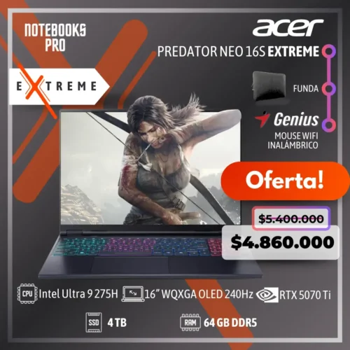 ACER PREDATOR NEO 16S EXTREME - Intel Core Ultra 9 275H - SSD 4 TB - 64 GB RAM DDR5 - 16” WQXGA OLED 240Hz - RTX 5070 TI - Teclado Retroiluminado - 24 Núcleos