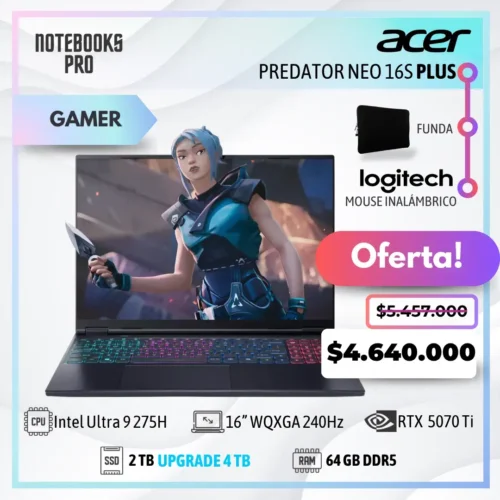 ACER PREDATOR NEO 16S PLUS - Intel Core Ultra 9 275H - SSD 2 TB - 64 GB RAM DDR5 - 16” WQXGA 240Hz - RTX 5070 TI - Teclado Retroiluminado - 24 Núcleos