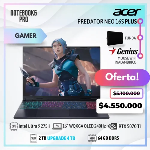 ACER PREDATOR NEO 16S PLUS - Intel Core Ultra 9 275H - SSD 2 TB - 64 GB RAM DDR5 - 16” WQXGA OLED 240Hz - RTX 5070 TI - Teclado Retroiluminado - 24 Núcleos